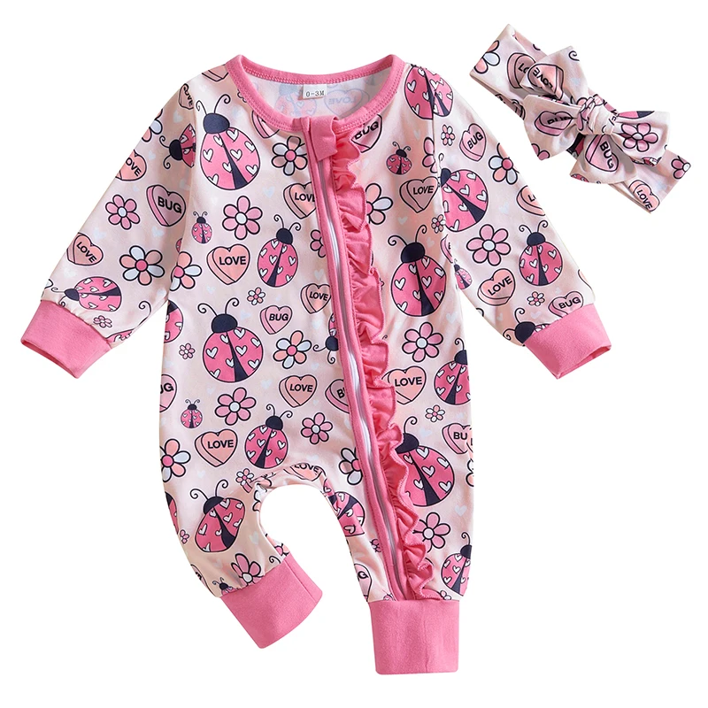 Baby Girls Valentine's Day Jumpsuit Long Sleeve Round Neck Ladybug Heart Print Romper with Headband