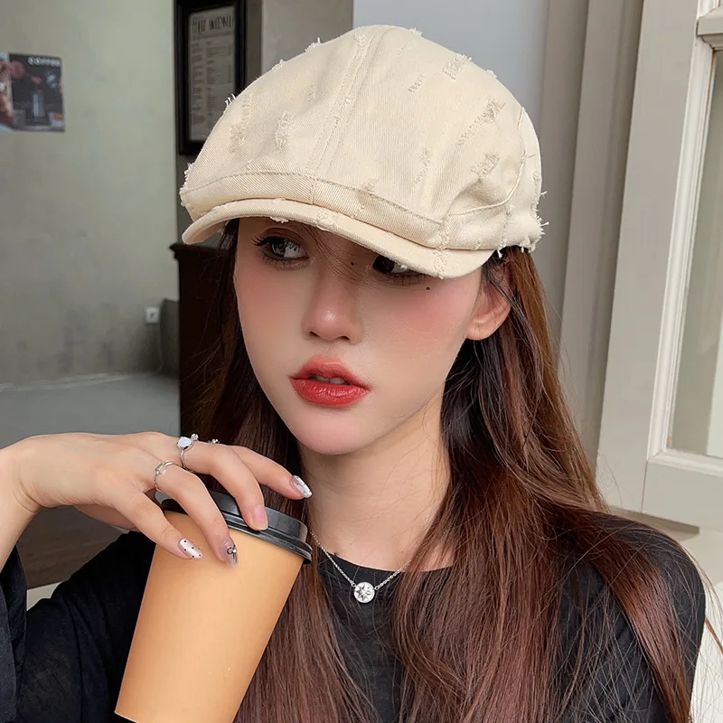 Beret Women Spring Summer Hats For Women Washed Hole Retro Trendy Visor Cap Solid Color New