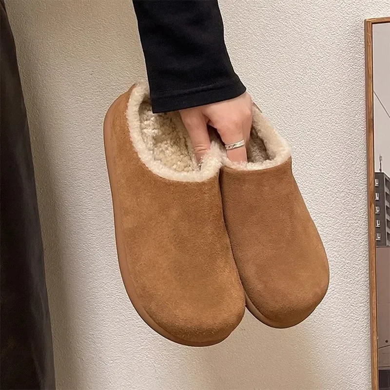 Winter New Baotou Slippers Women's Fashion Round Head Deep Mouth Suede Wear Comfortable Flat Shoes zapatos de mujer