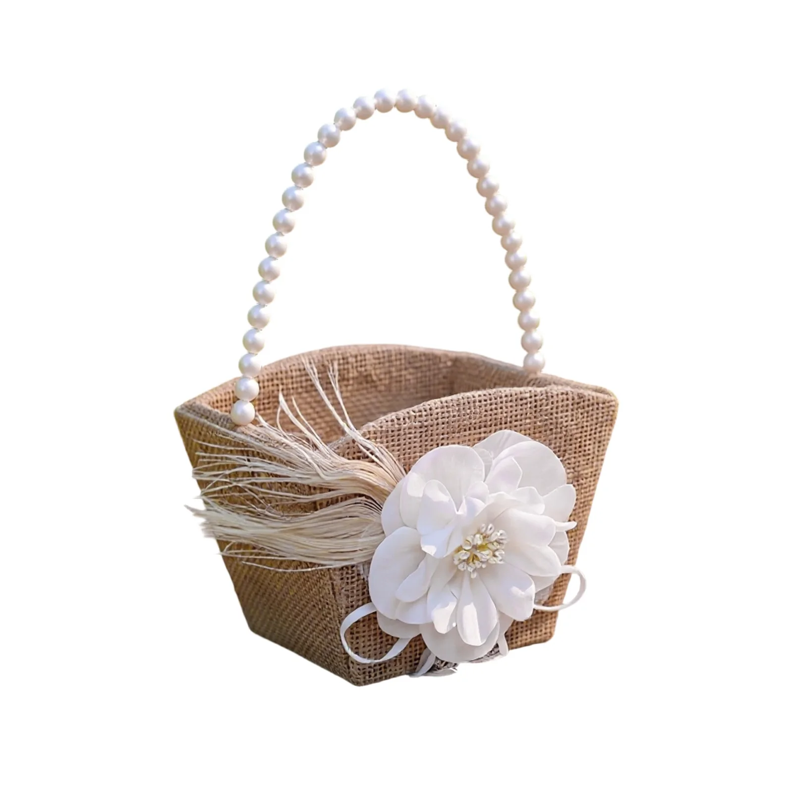 

Элегантная белая атласная корзина для девочек-цветочниц с жемчужной ручкой и романтическим бантом для декора свадебной церемонии