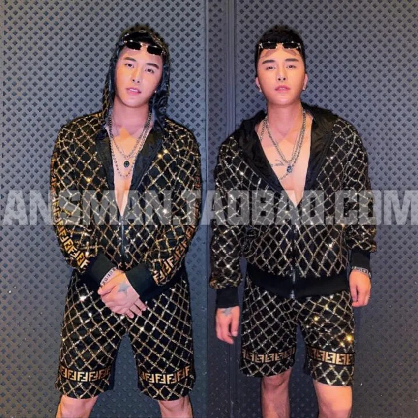 Nightclub Bar Male Singer DJ DS GOGO Black And Gold Jacket Shorts Hip Hop Baseball Uniform Party Themed Men Performance Costume