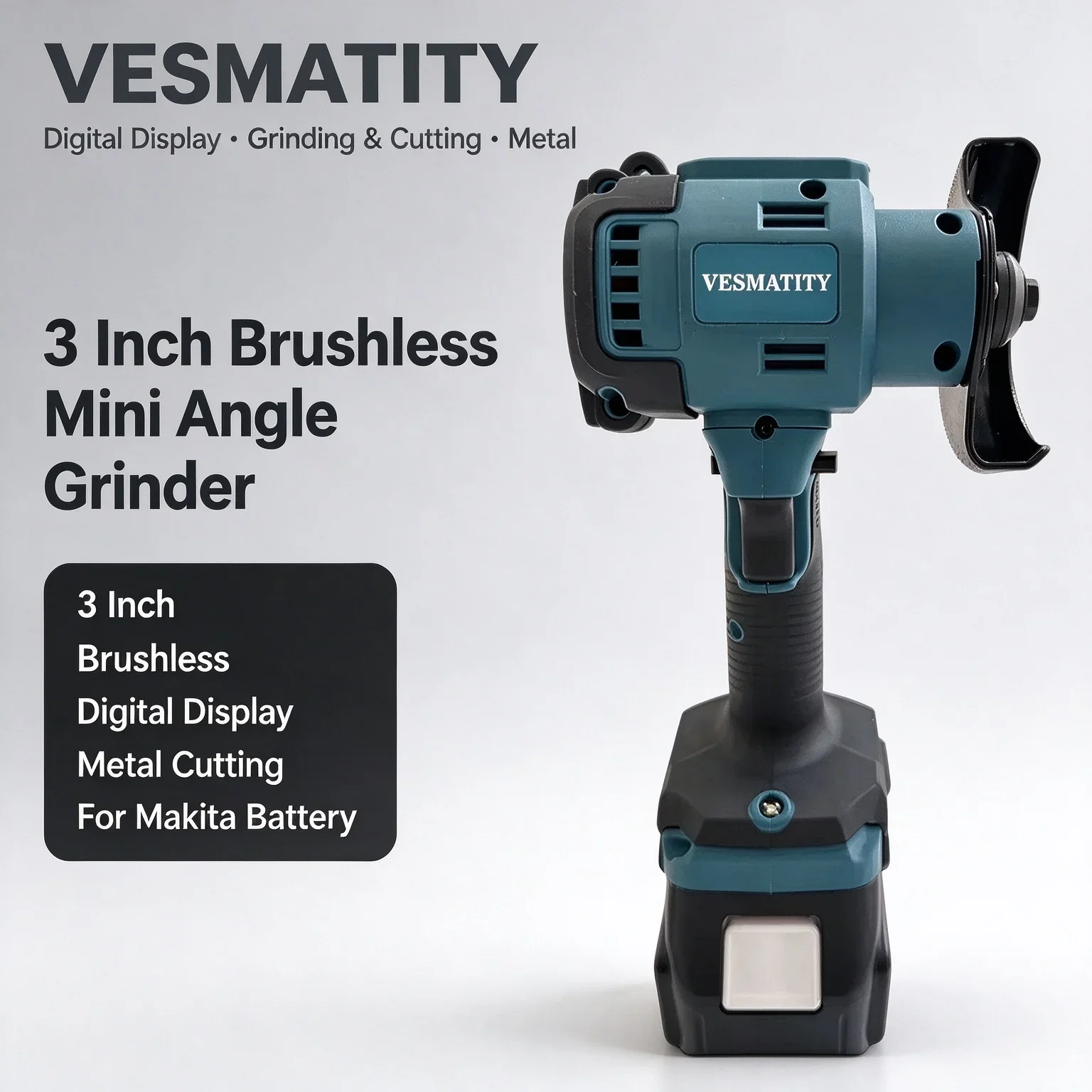 VESMATITY 3 Inch Brushless Mini Angle Grinder Digital Display Grinding Cutting Tool for Metal Cutting for Makita Battery