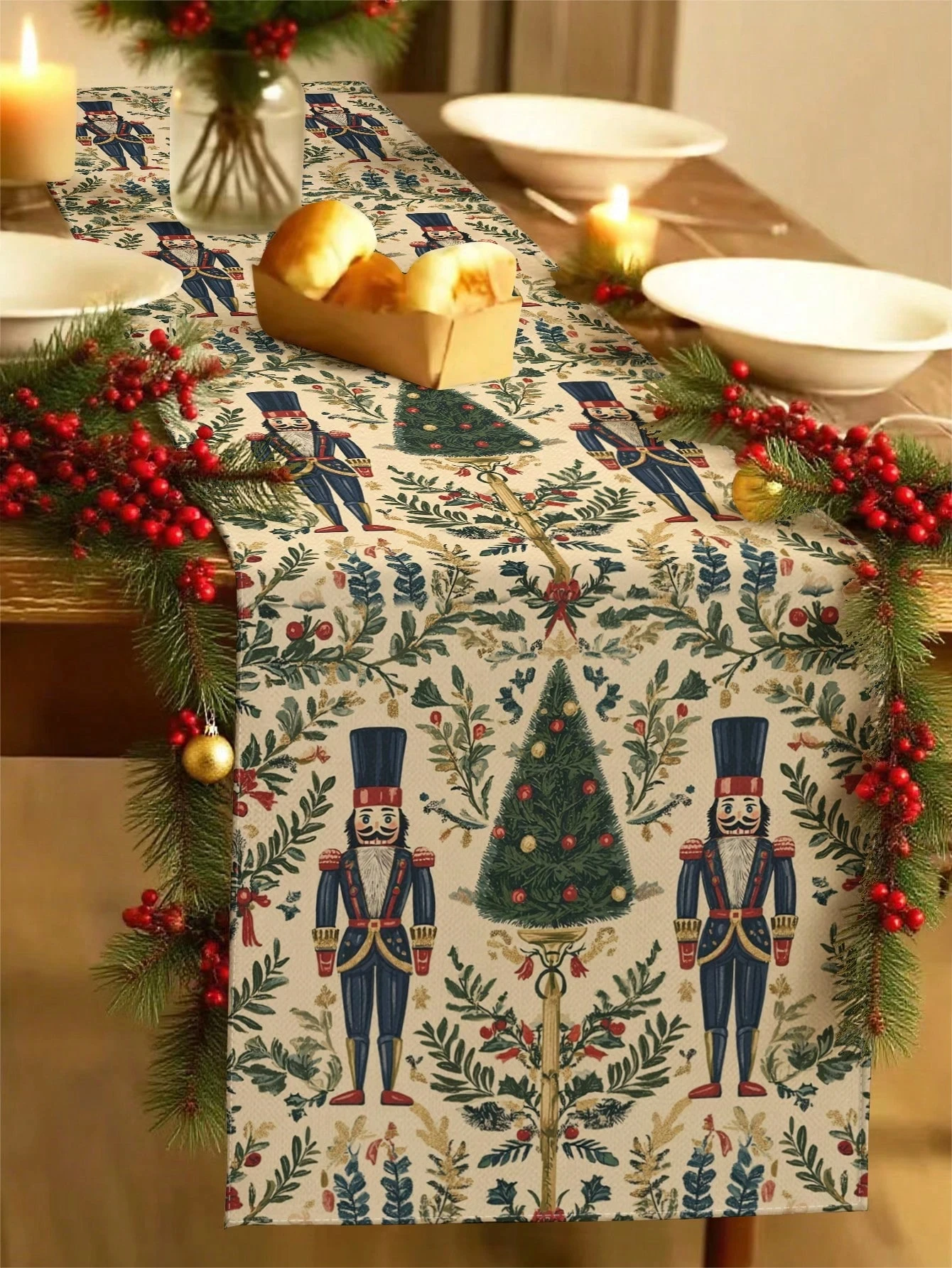 

1 шт., винтажная рождественская скатерть «Щелкунчик», льняная 2D-принт, цветочный декор солдата и дерева, всесезонный для обеденного стола