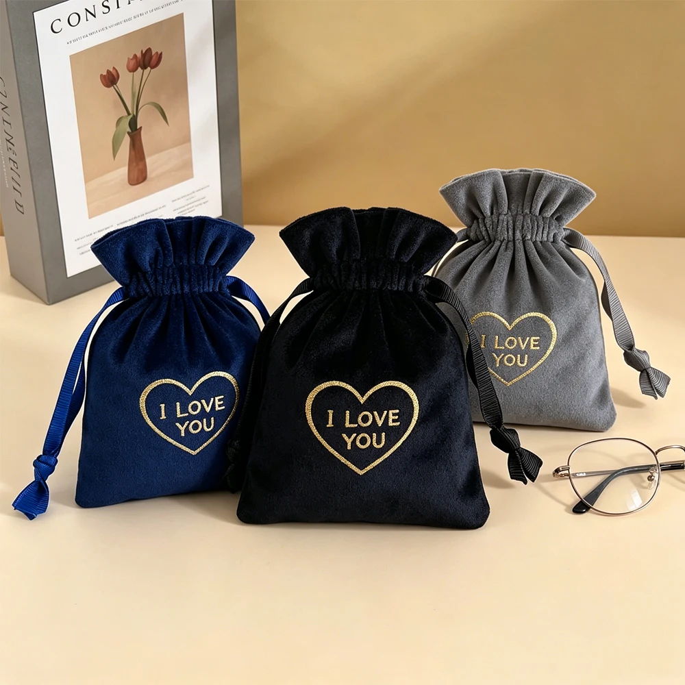 

100Pcs Custom Logo Nvay Velvet Gift Jewelry Pouch Ribbon Drawstring Packaging Bag Wedding Candy Earrings Ring Oils Storage Sack