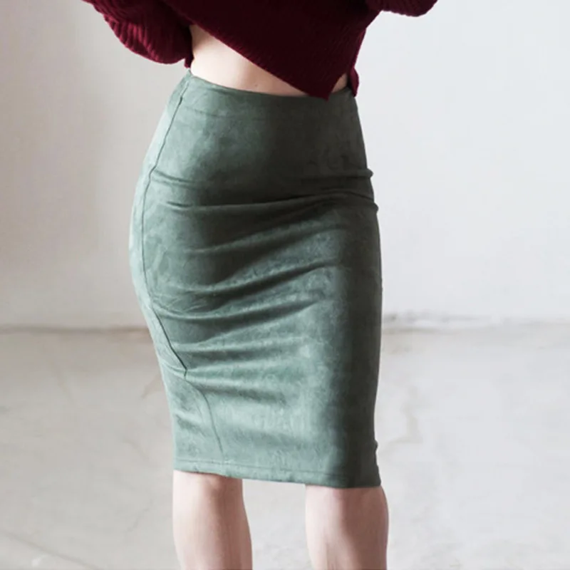

Women's suede solid color pencil skirt, spring and summer high waisted tight fitting retro suede split thick elastic skirt