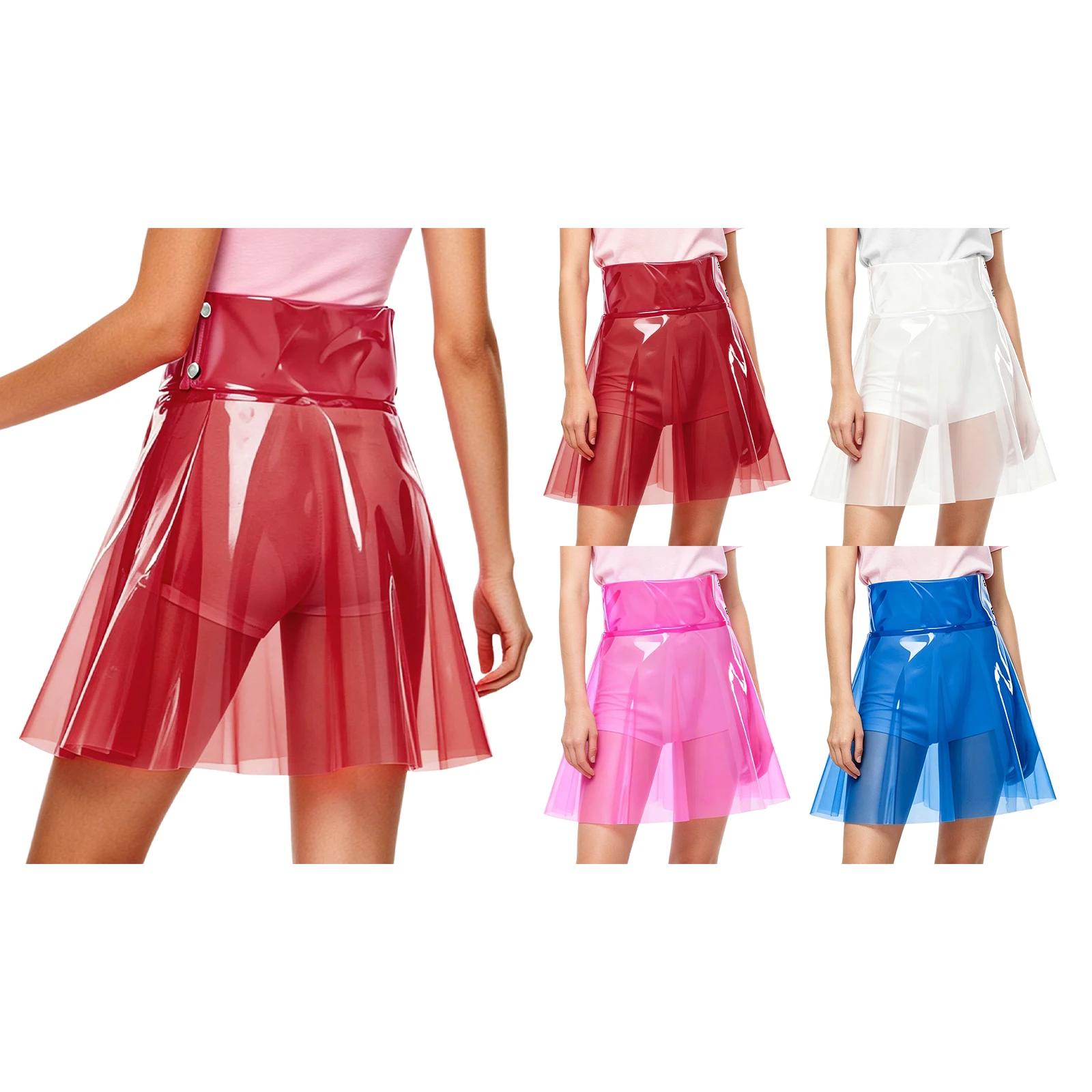 Womens Rave Night Club Skirt See Through Pvc High Waist Pleated Hem A Line Miniskirt Pole Jazz Dance Clothing Disco Clubwear