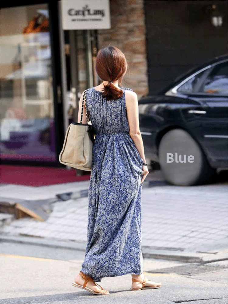 여름 플로럴 프린트 코튼 실크 루즈 롱 베스트 여성용 드레스 한국 스타일 하이 웨이스트 V넥 비치 가운