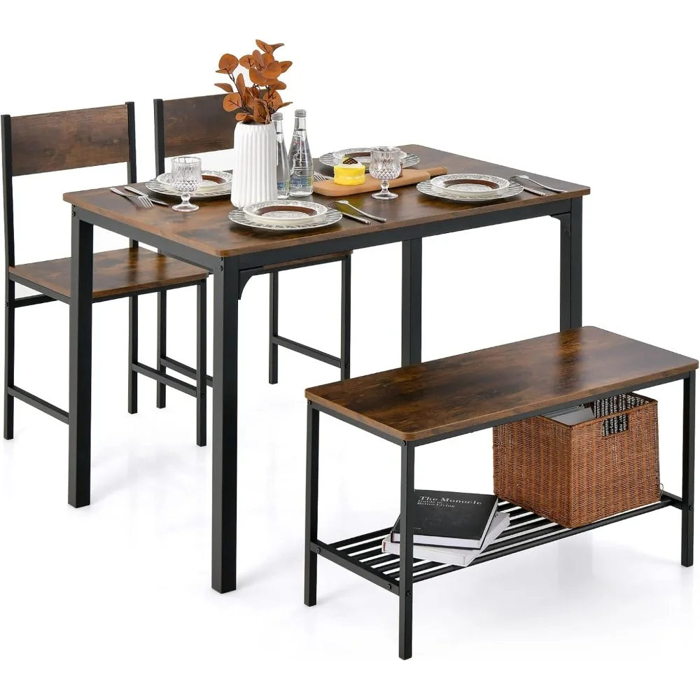 

Dining Table Set for 4, Kitchen Table with Bench and Chairs, Industrial Gathering Bench Dining Set W/Metal Frame & Storage Rack
