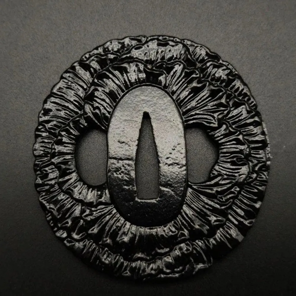 Black Steel Tsuba Guard Peony Motif, Iron Ground Openwork Design For Japanese Sword Katana HandGuard