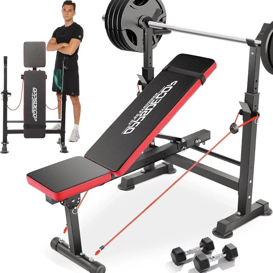 

600lbs 6-in-1 Weight Bench Set with Squat Rack Foldable Bench Press Featuring Removable Foot Catch and Adjustable Workout Bench