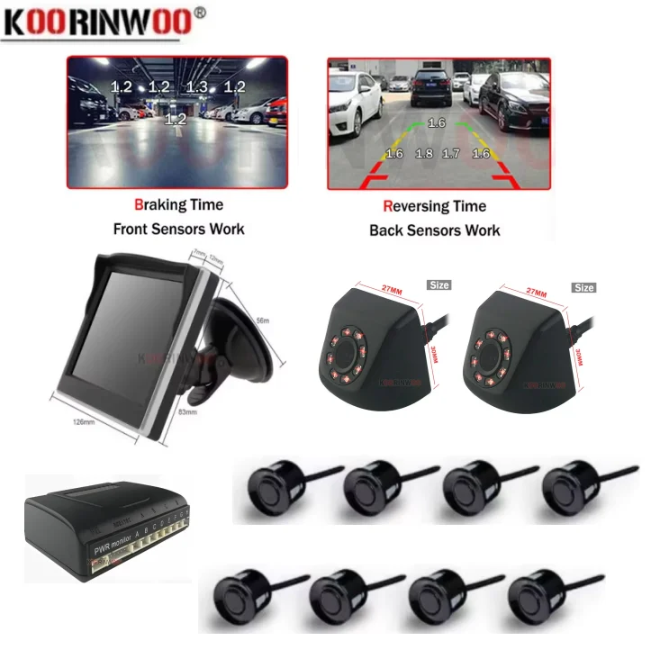 Koorinwoo Auto Parktonic Car Parking Sensor 8 connection Rear view camera Front Camera + Car Monitor Parking Assist Buzzer Alert