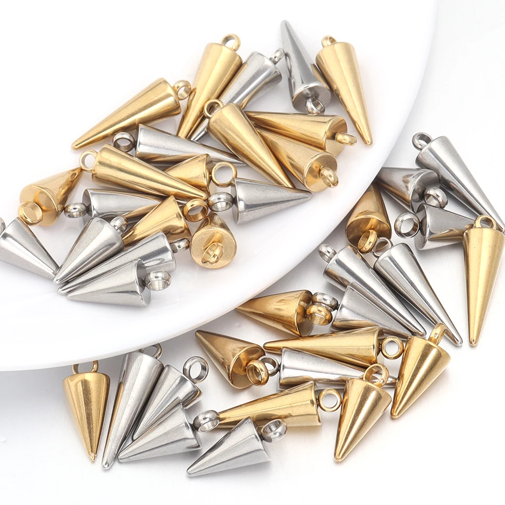 10pcs Stainless Steel Pointed Cone Pendant Bead Gold/Silver Fashionable and Versatile DIY Jewelry Earring Necklace Accessories