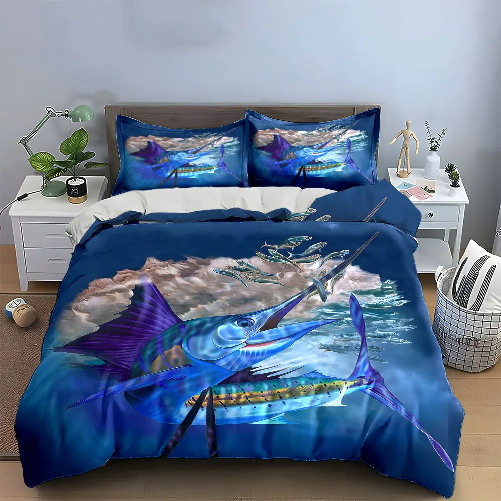 Blue Marlin Ocean Theme Decor Multiple sizes kid's and adults' bedroom Exquisite 3PC bedding set, gift