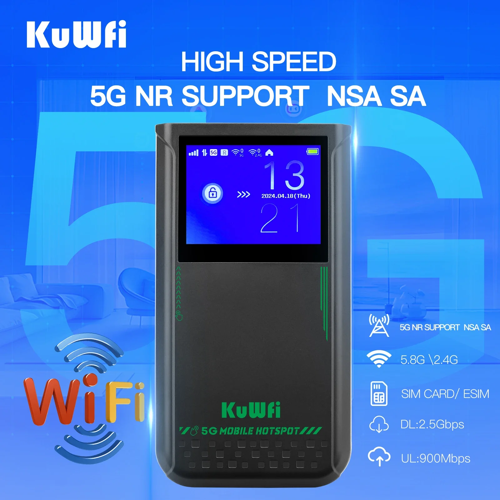 4500mah battery KuWFi esim wifi router 2.4g 5g 6g wifi mobile network router eSim 5g cpe 3000mbps 5g sim card router