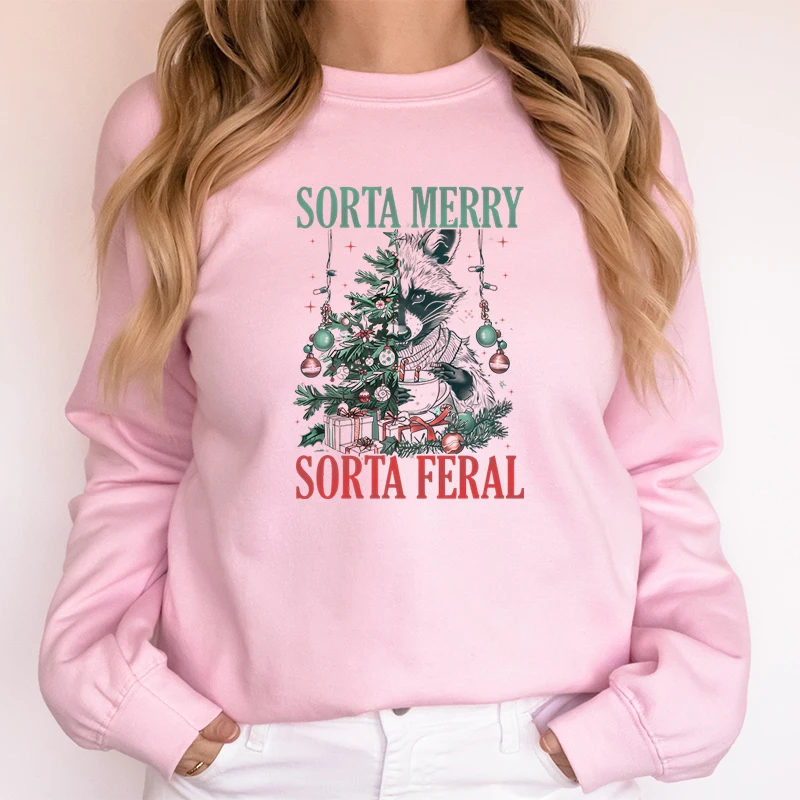 Retro Christmas Raccoon Casual Hoodies Sorry Santa I've Been Feral Merry Christmas Gift Sweatshirts Festive Tree Lights Sweater