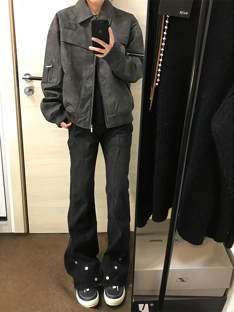 

Bla High Waist Straight Leg Men's Jeans American High Street Button Detail Cleanfit mid Rise Flared Long Trousers