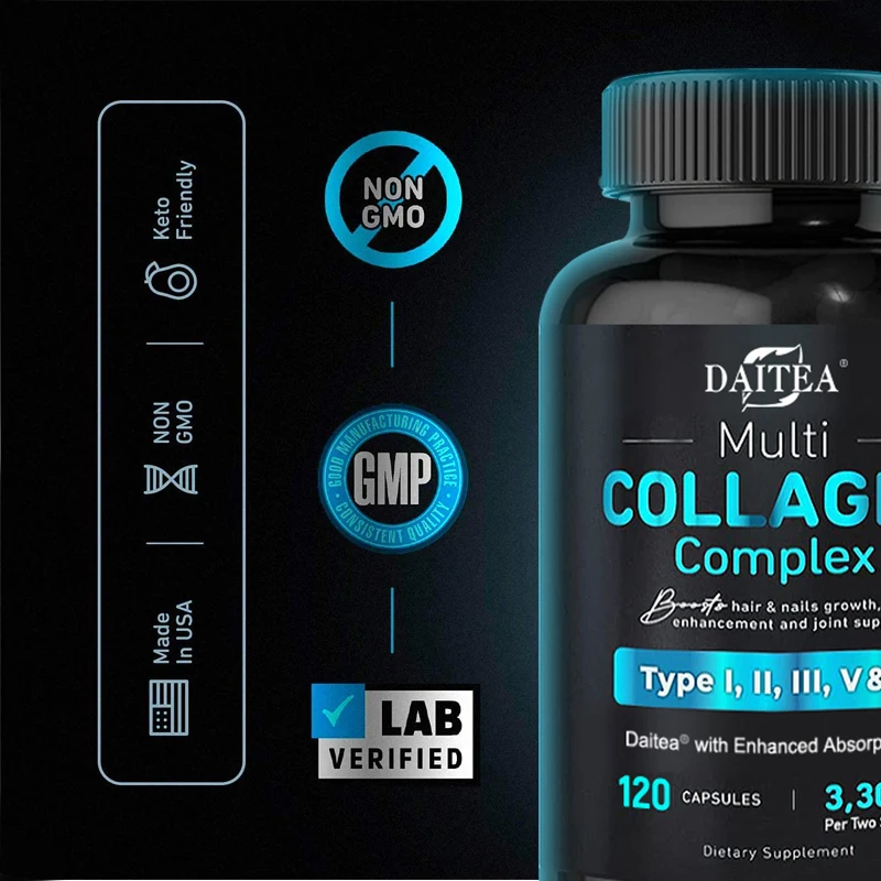 Daitea Collagen Complex (Type I, II, III, V&X) - Hair, Skin, Nails, Joint Health - Hydrolyzed Collagen for Men and Women