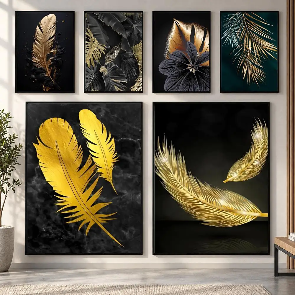 Black Metallic Feather Leaf Poster HD art sticky wall waterproof home living room bedroom bar aesthetic decoration
