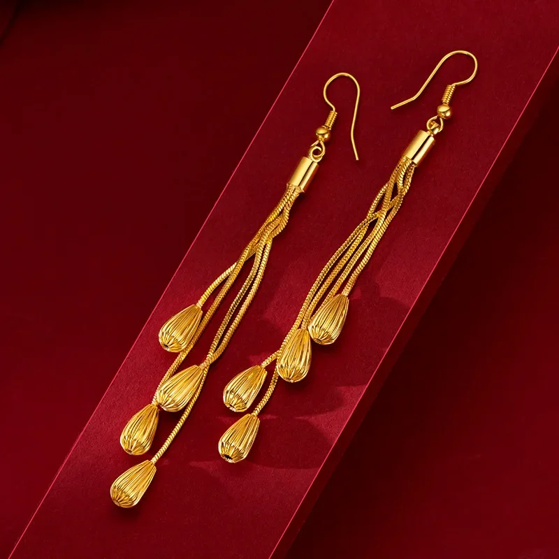 True 999 Gold Wheat Tassel Earrings, Temperament Water Drops 24K Earrings Pendant Bridal Valentine's Day Exquisite Jewelry Gift