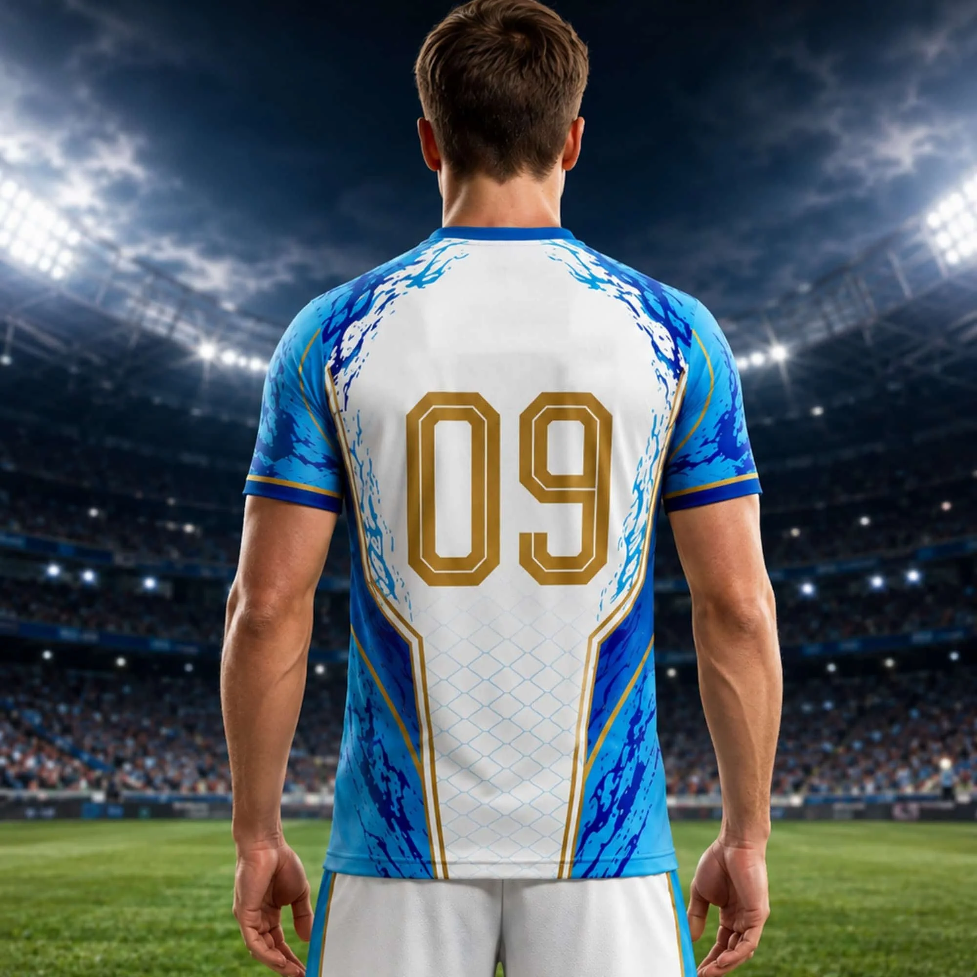 New Arrival Men Breathable Soccer Team Uniform, Blue‑White Splash Dragon Graphic No.09 Short Sleeve Sport Competition Jersey