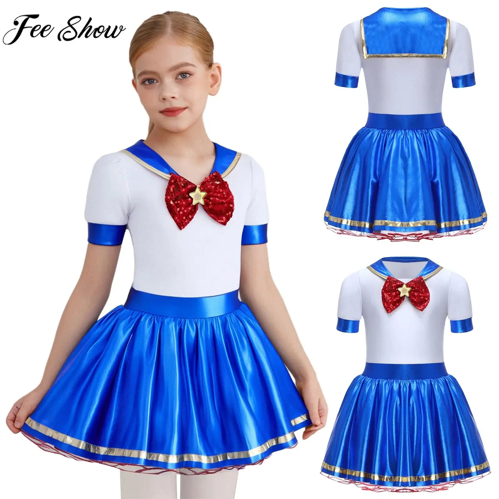 Children Halloween Carnival Anime Sailor Magical Girl Cosplay Performance Dress Short Sleeve Metallic Bow Tie Mesh Leotard Tutu
