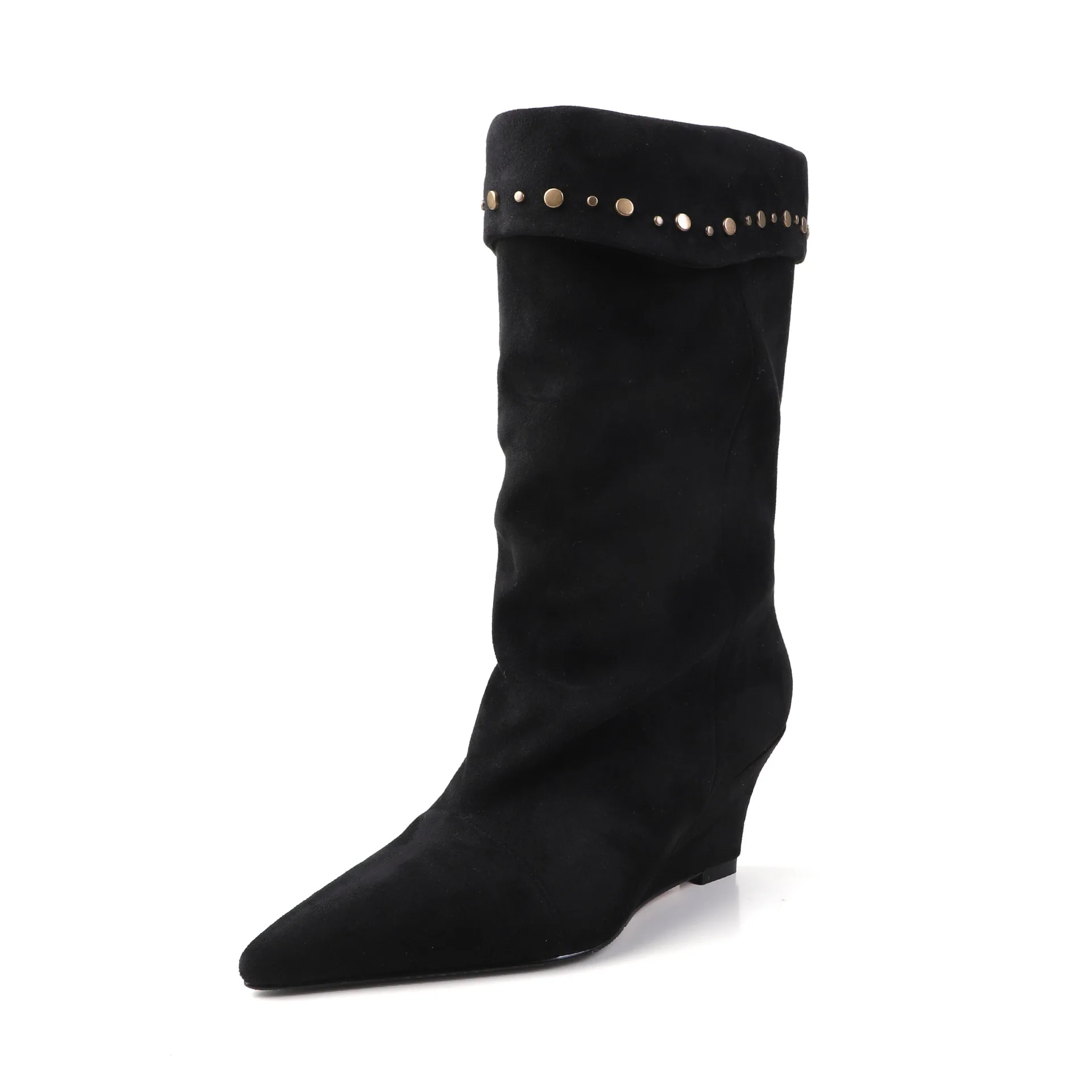 Bruine suède dameslaarzen met puntige neus, halfhoge kuit, klinknageldecor, stijlvol, elegant sleehakontwerp, comfortabel voor dagelijks gebruik, feesten