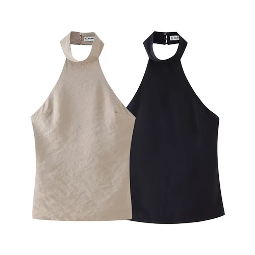 Willshela, Tops cortos de estilo caqui con espalda descubierta para mujer, Tops Vintage con cuello Halter sin mangas, Tops elegantes para mujer