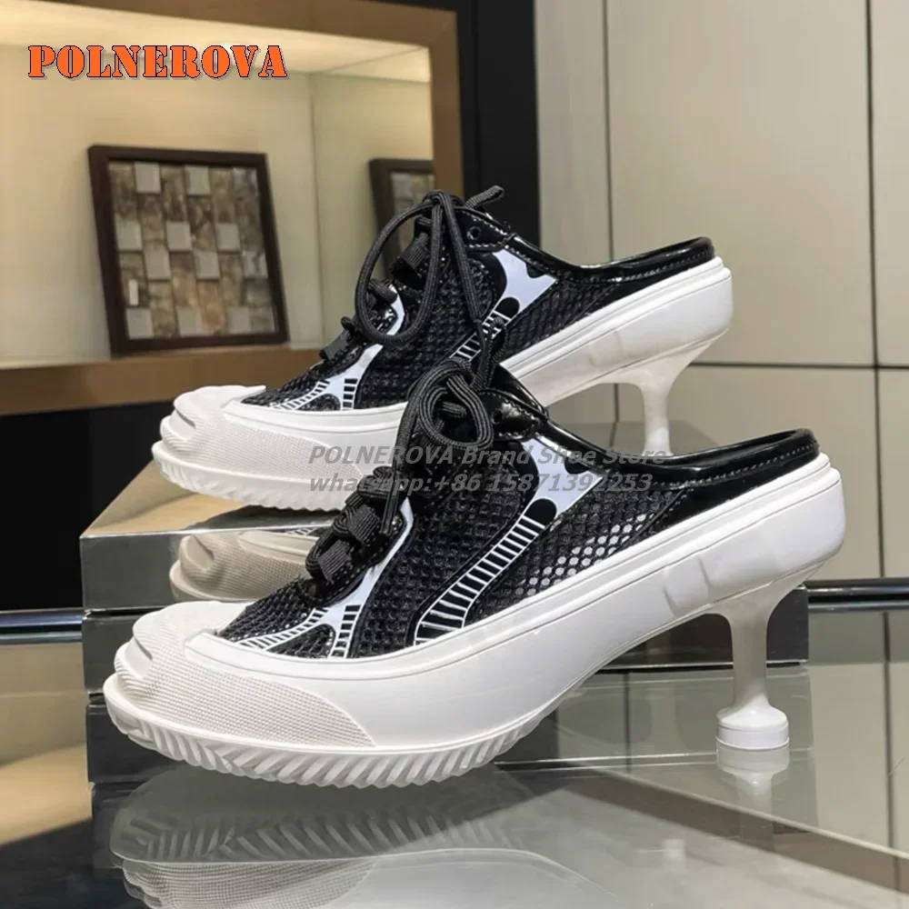 Air Mesh Hollow Cross Tied Patchwork Pumps Lace Up  Round Toe Strange Style Mixed Colors Shoes Rubber Height Increasing Casual image 3