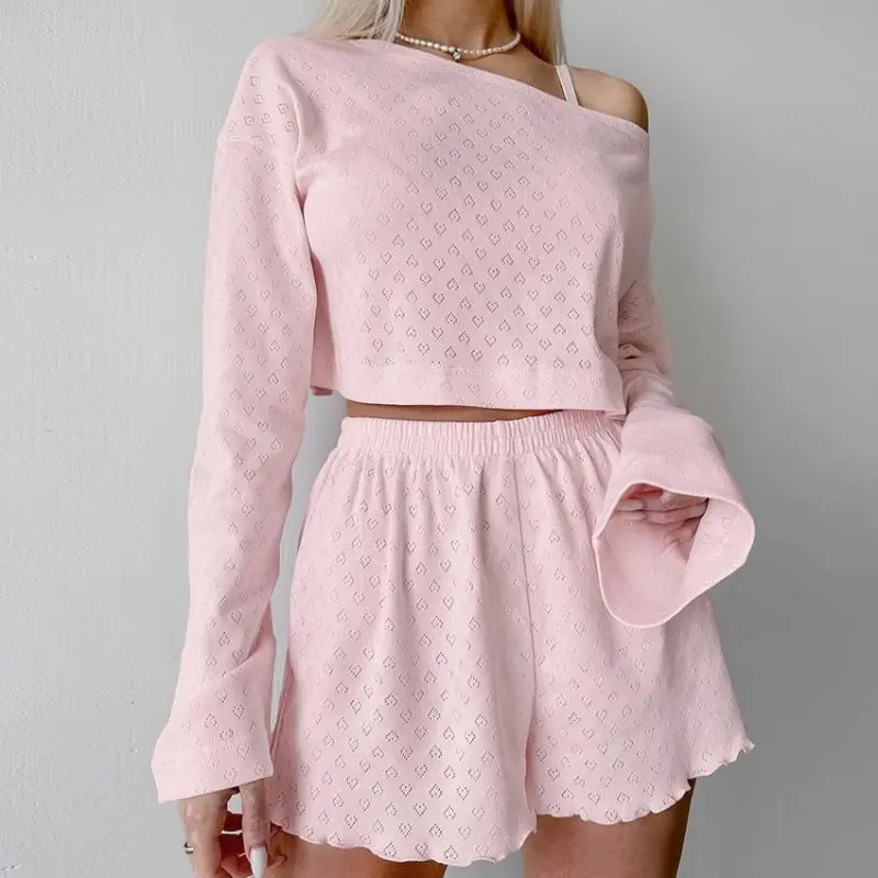 

Women's Sweet Heart Eyelet Loungewear Set-Cropped Long Sleeve Top +Elastic Waist Shorts, Lightweight Casual Pajama Spring Summer