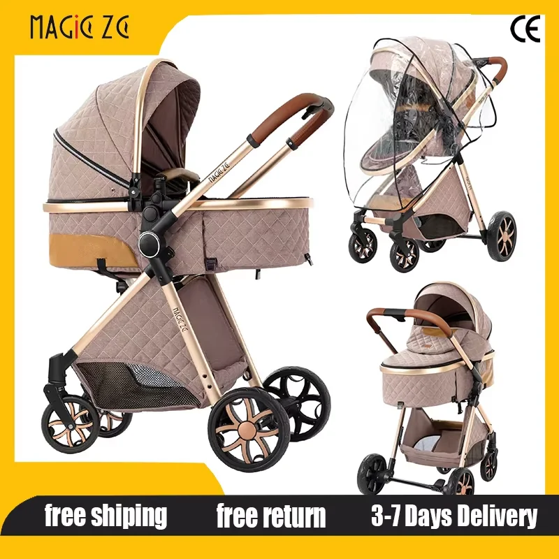 Baby Stroller 2-in-1 Foldable Portable Pushchair Newborn Travel Pram Adjustable Sit-and-Lie Double-Use Reversible Carriage