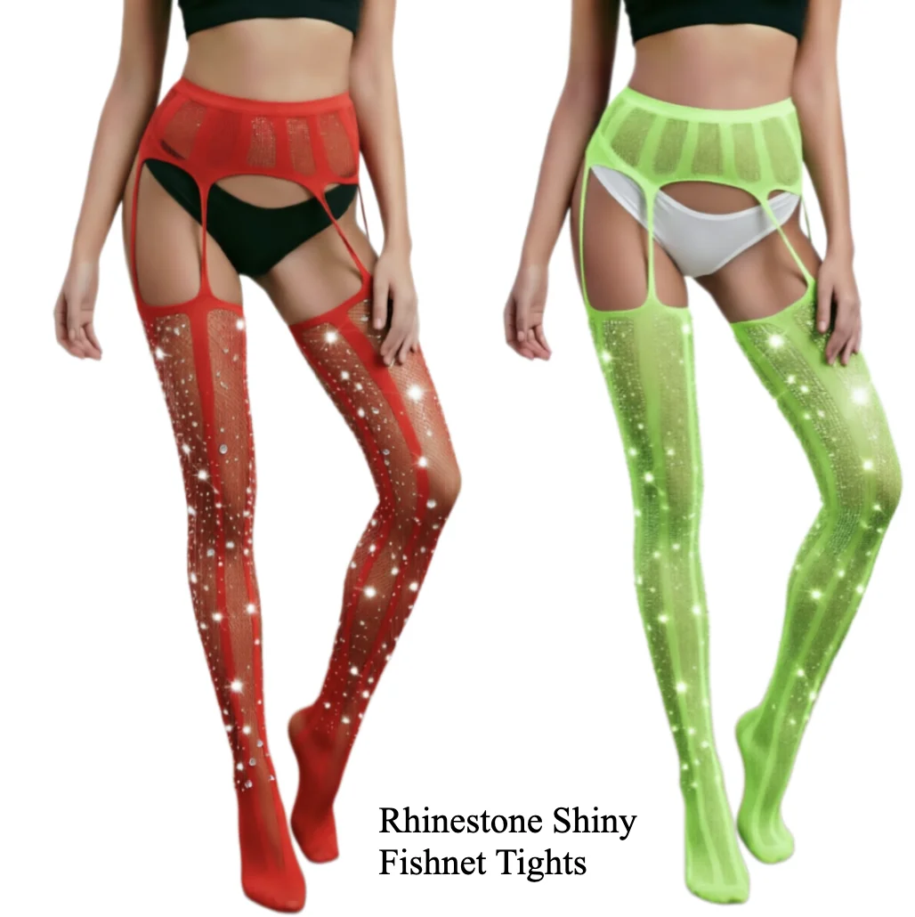 Rhinestone-Adorned Tights Glamorous Shiny Fishnets Women Bodystockings Bold Lingerie Sexy Pantyhose for Parties Nightlife