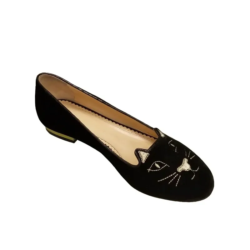 Zapatos de maternidad de suela plana para mujer, zapatos individuales de ballet de boca baja negra, zapatos de gato bordados de punta redonda informales