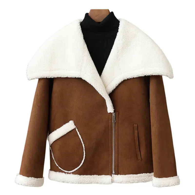 معطف ربيعي جديد لعام 2025 بياقة كبيرة وسترة من الصوف الجسيماتي مقص كاجوال من الأغنام للنساء ﻿