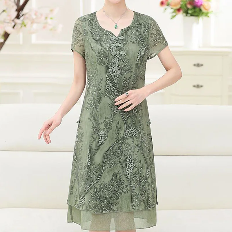 Frog Short Sleeved Chiffon Medium Length Cheongsam Summer Female Clothing Vintage Printing V-Neck Net Yarn Midi A-line Dresses