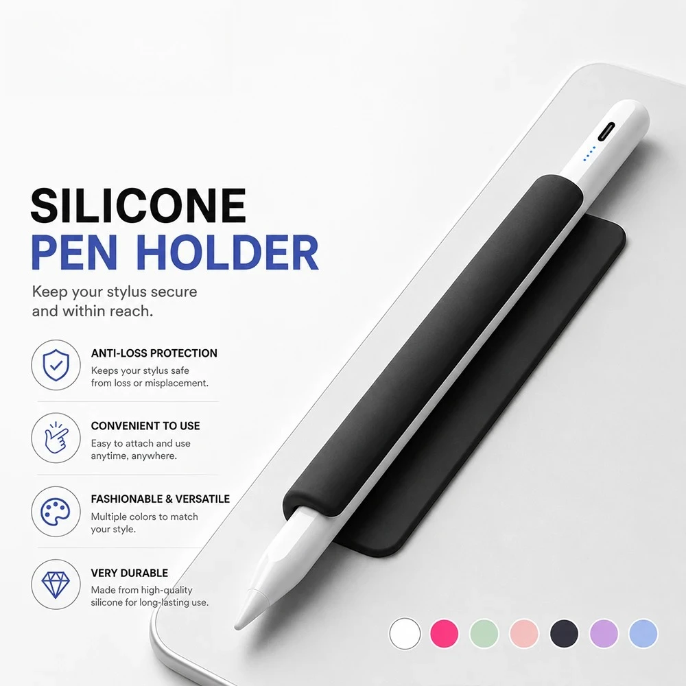 Universal Silicone Pencil Holder for Apple Pencil 1/2 Stylus Pen, Reusable Adhesive Sleeve Case for iPad Tablet Cover Anti-Lost