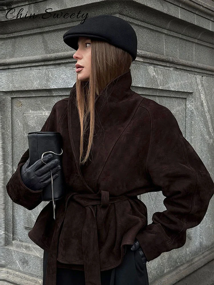 

Chic Suede Lace Up Jackets Women Solid Lapel Full Sleeve One Button Slim Waist All-match Jacket 2025 Autumn Lady Commute Coat