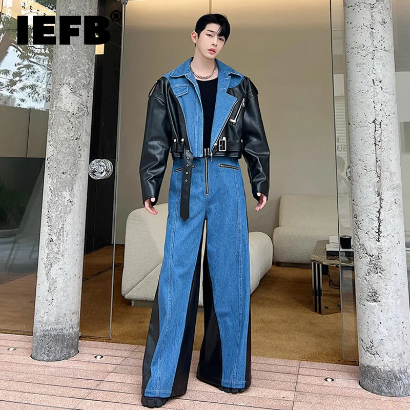 IEFB new fashion men's set niche design two-piece patchwork suit denim leather spliced short jacket straigt pants 2023 9C2563