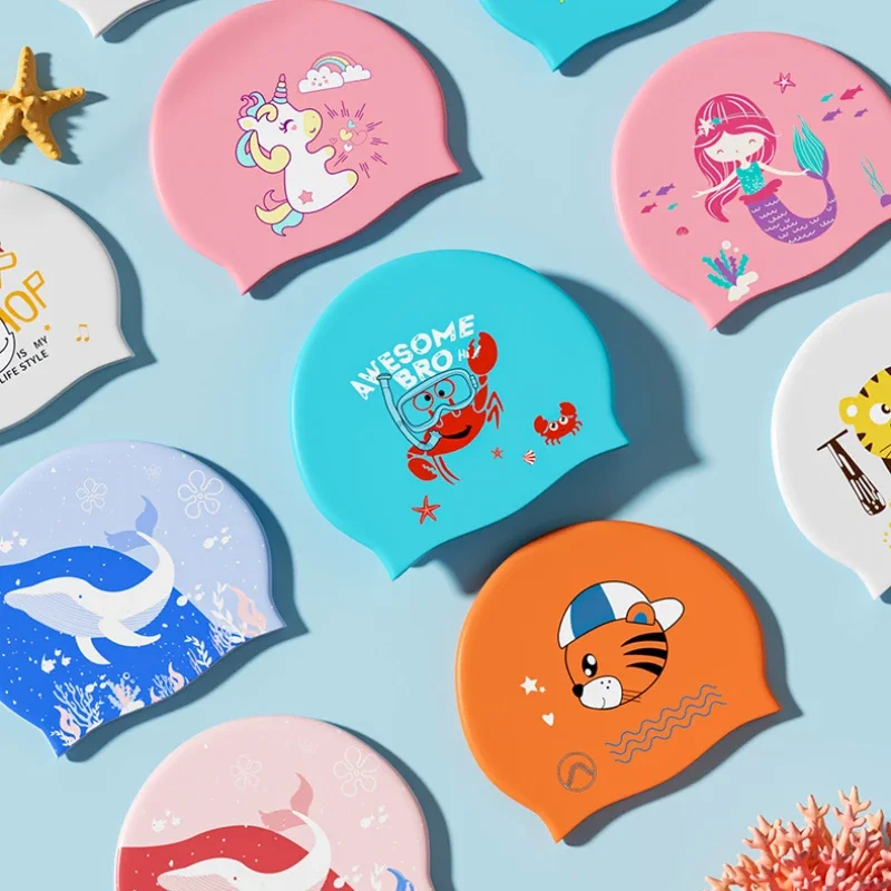 Kids Swimming Cap Cartoon Cute Animal Printed Silicone Swim Cap for Children Boys Girls Professional Ear Protection Swimming Hat