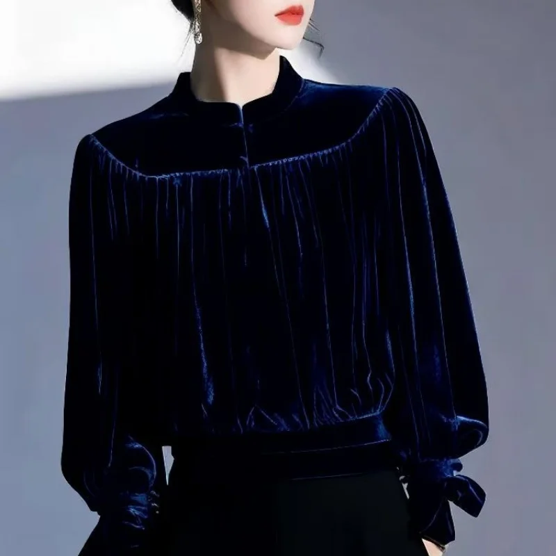

Korean Fashion Blue High End Velvet Blouse Women Autumn New Stand Collar Long Sleeve Pullovers Slim Waist Soft Vinatge Shirts
