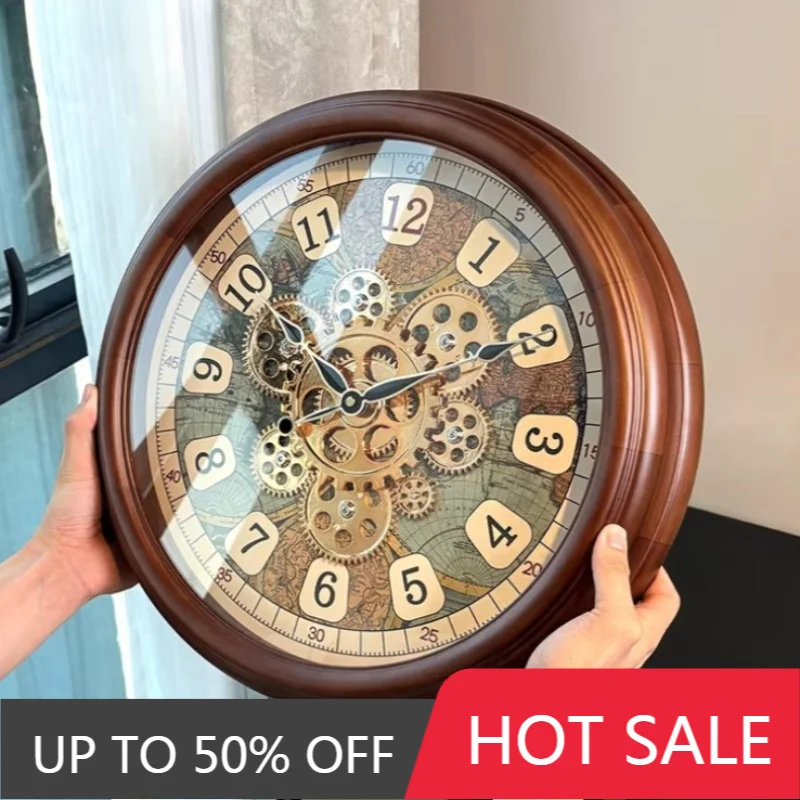 European Retro Wall Clock Solid Wood Hanging Clock Household Silent And Beautiful Clocks Living Room Decoration Accessories
