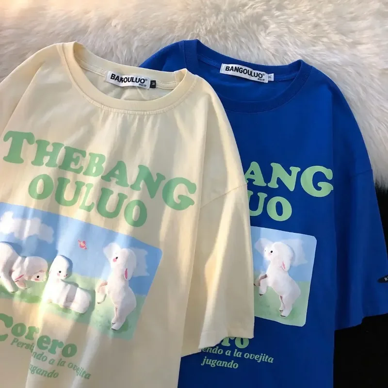 

Cute and sweet lamb design sense ins loose short-sleeved T-shirt couple all-match top t shirt women oversized t shirt y2k top