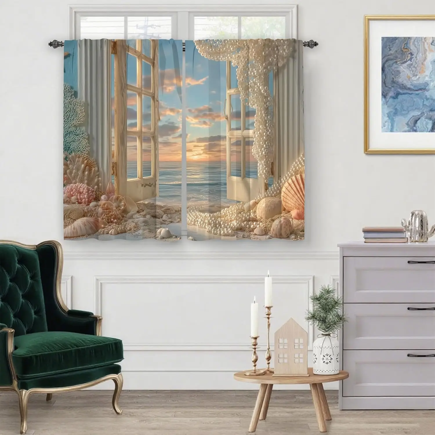 Tropical Ocean Beach Seashell Coral Pearl Curtain Drapes Coastal Nautical Home Decor Window Filter Art Print Bedroom Living Room
