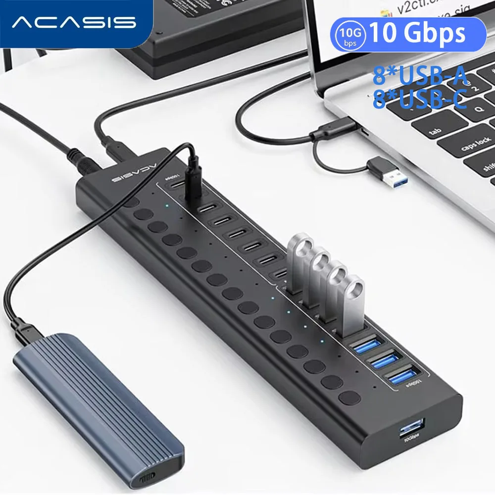 ACASIS 16 Ports Powered USB Hub 10Gbps 8*USB-A 8*USB-C Individual Switch for Each Port Aluminum Housing Better Heat Dissipation