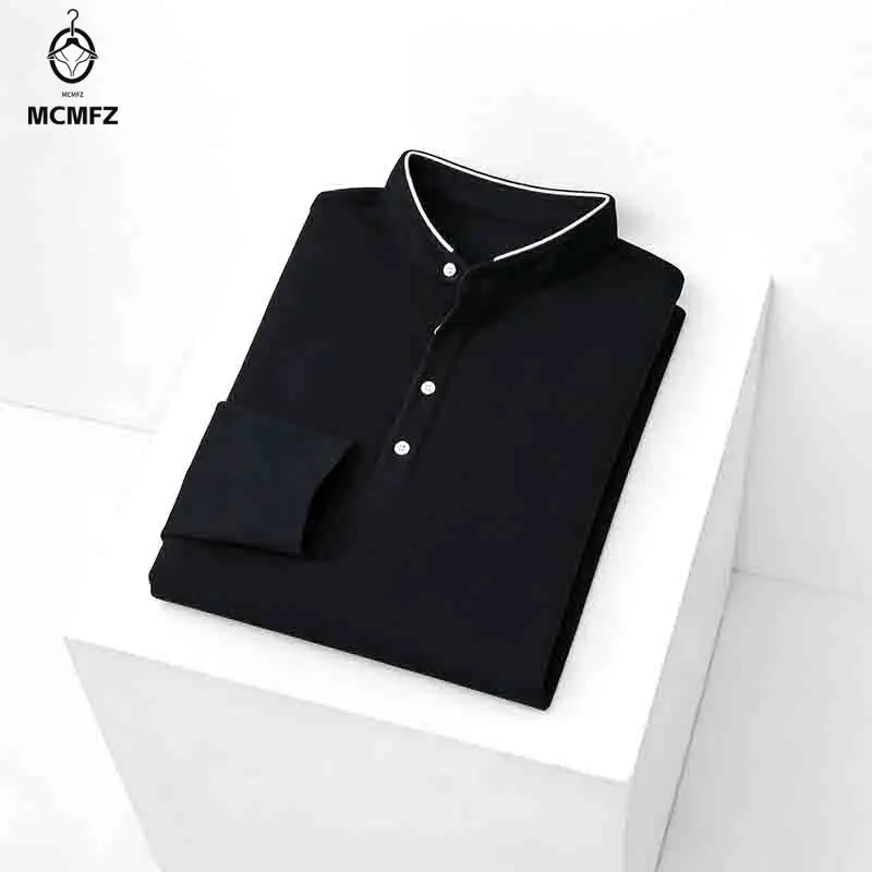 Solides schwarzes Henley-Langarm-T-Shirt für Herren, lässiger Stehkragen, halb geknöpfter Pullover für den täglichen Gebrauch