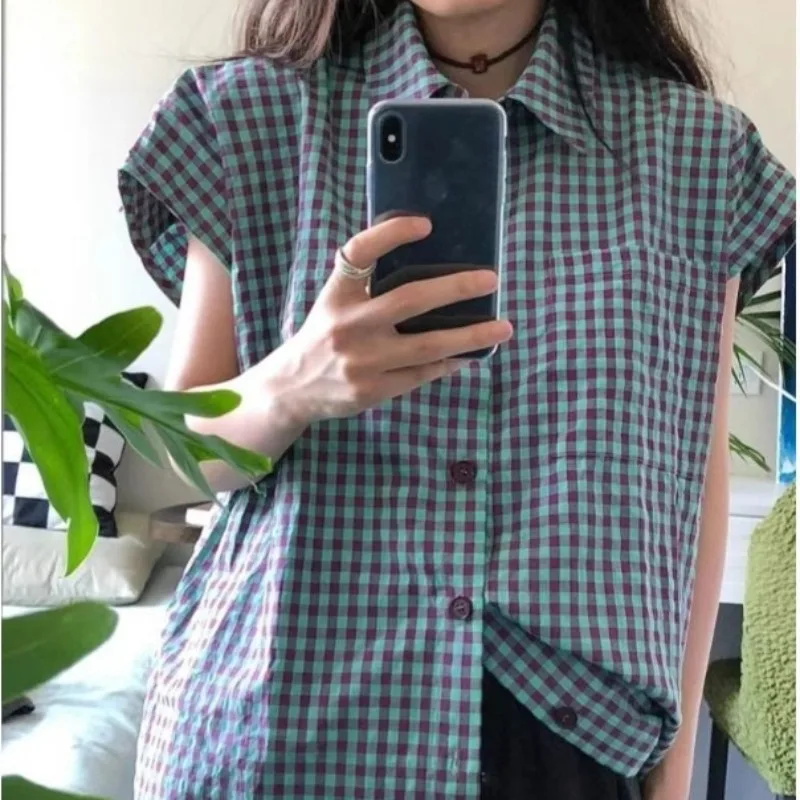 DAYIFUN-Women's Green Plaid Shirt,Summer Japanese Vintage Short Sleeved,Girls' Preppy Style Blouse,Casual,Versatile Simple Tops