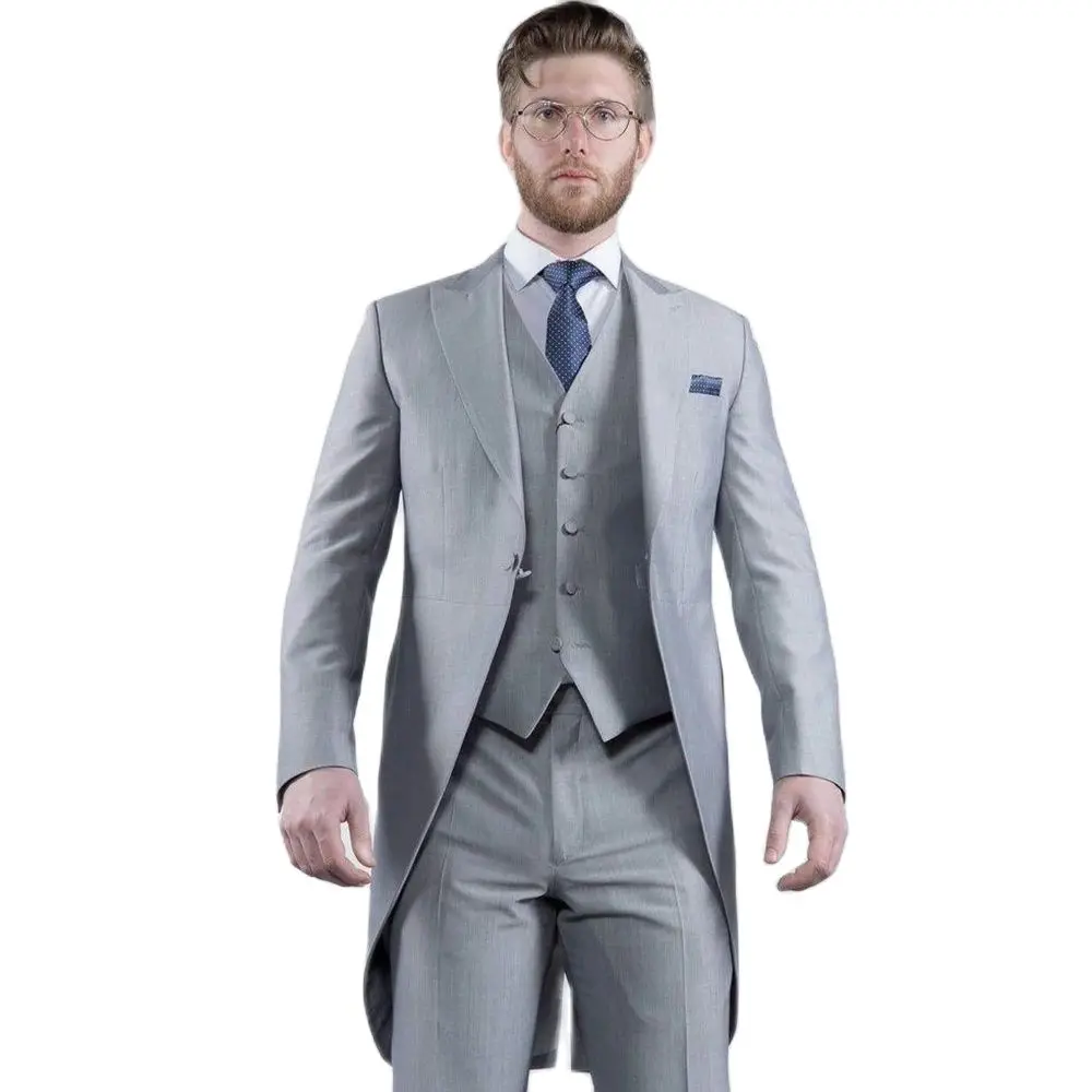 Light Grey Tailcoat Slim Men Suit Single-breasted Peak Lapel 3 Pieces(Jacket+Pants+Vest) Male Formal Wedding Party Set