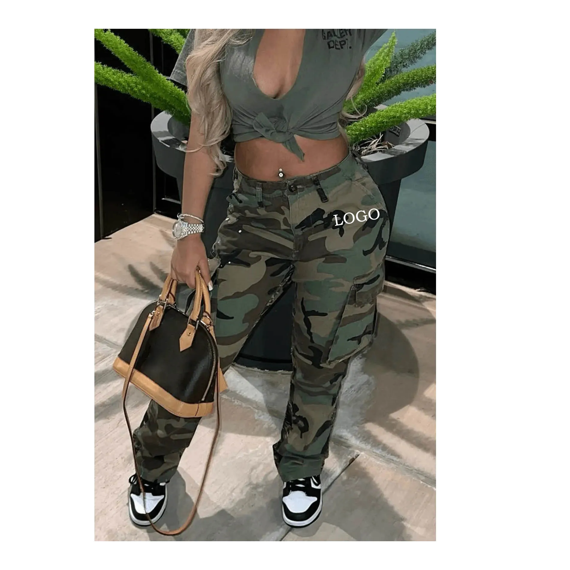 Custom LOGO women's 2023ins wind high waist straight multi-color camouflage cargo pants XS-3XL