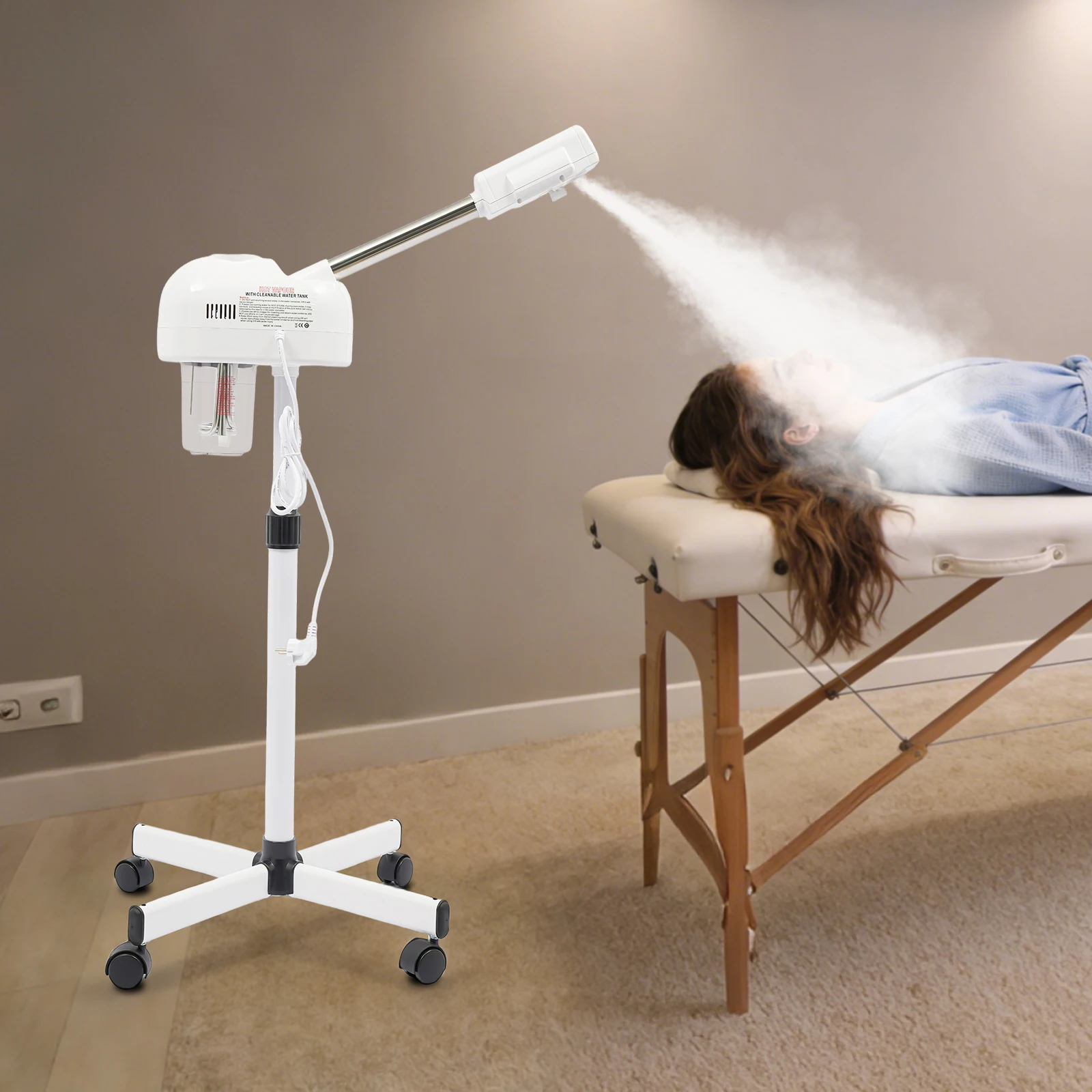 Vaporizador Facial de 800W con 4 Ruedas, Vaporizador Facial 2 en 1 con Ozono, Altura Ajustable de 112-132cm, Equipo para el Cuidado de la Piel