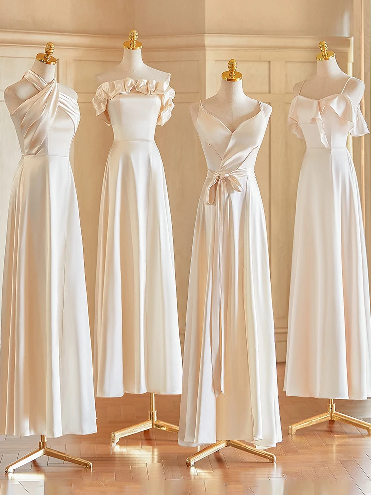 

Champagne Color Satin Maids Dr Ele Waist Design Long Evening Gown for Wedding Sister up High-End Feel Small Size