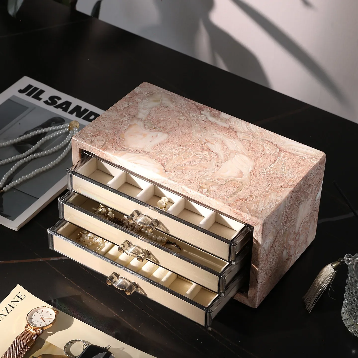 【Natural】Luxury Marble Aromatherapy Tray Bathroom Countertop Organizer Hotel Style Toiletries Jewelry Storage Box Decor